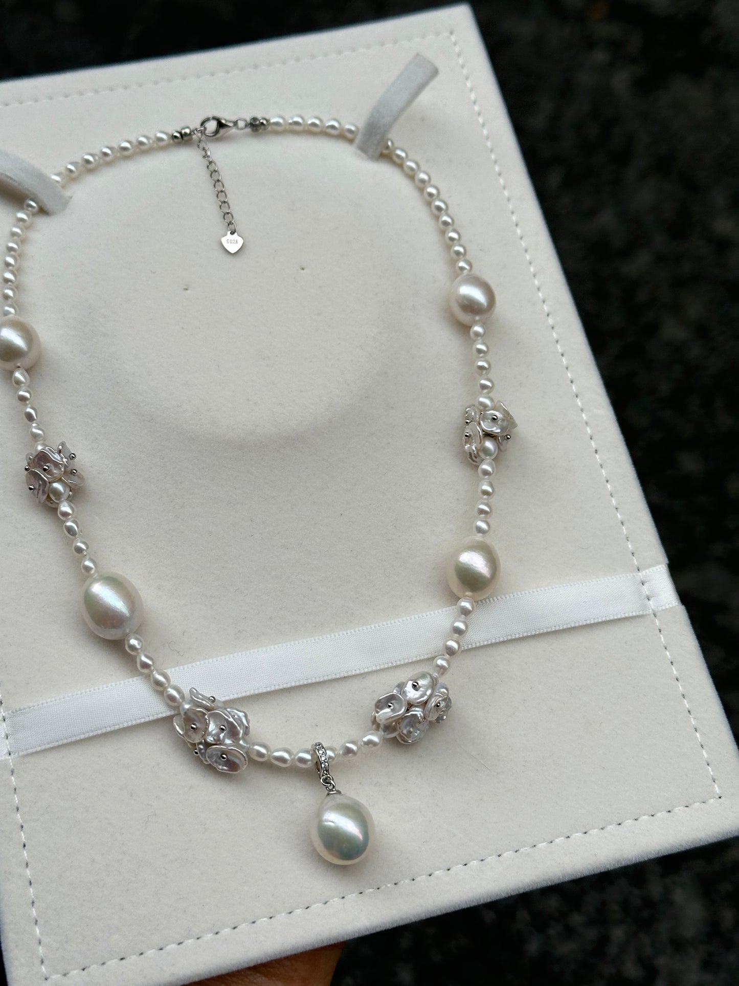 Silver Blue Elegance Petal Pearl Necklace