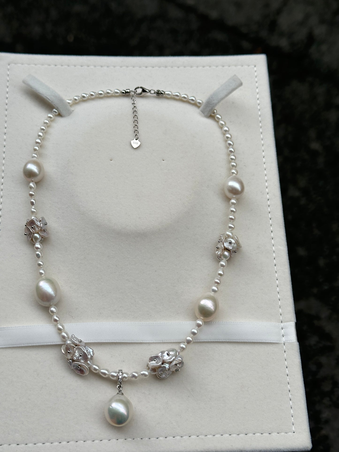 Silver Blue Elegance Petal Pearl Necklace