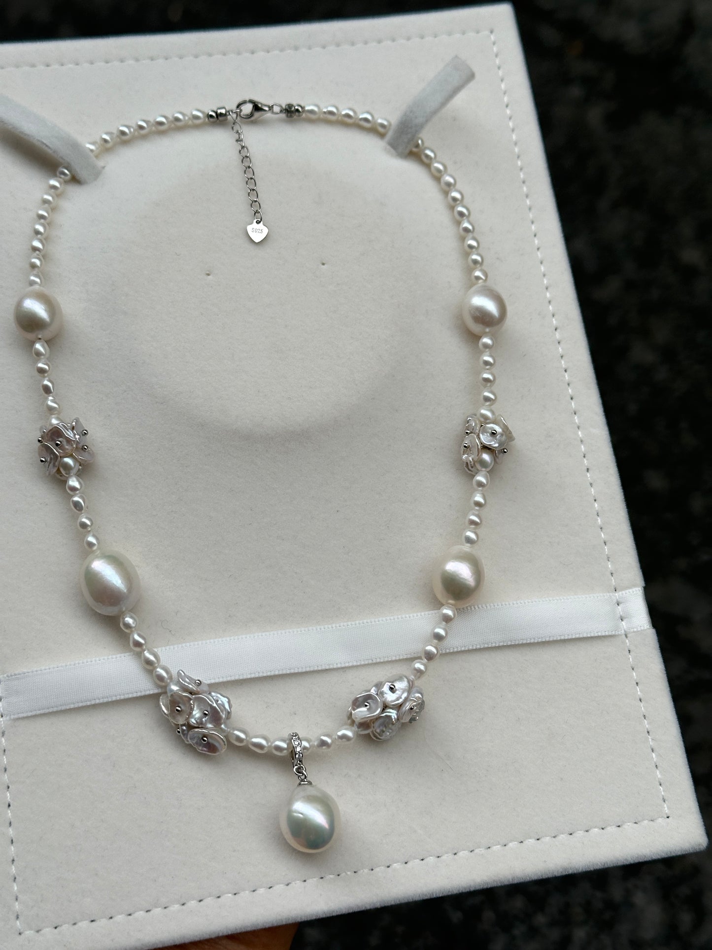 Silver Blue Elegance Petal Pearl Necklace